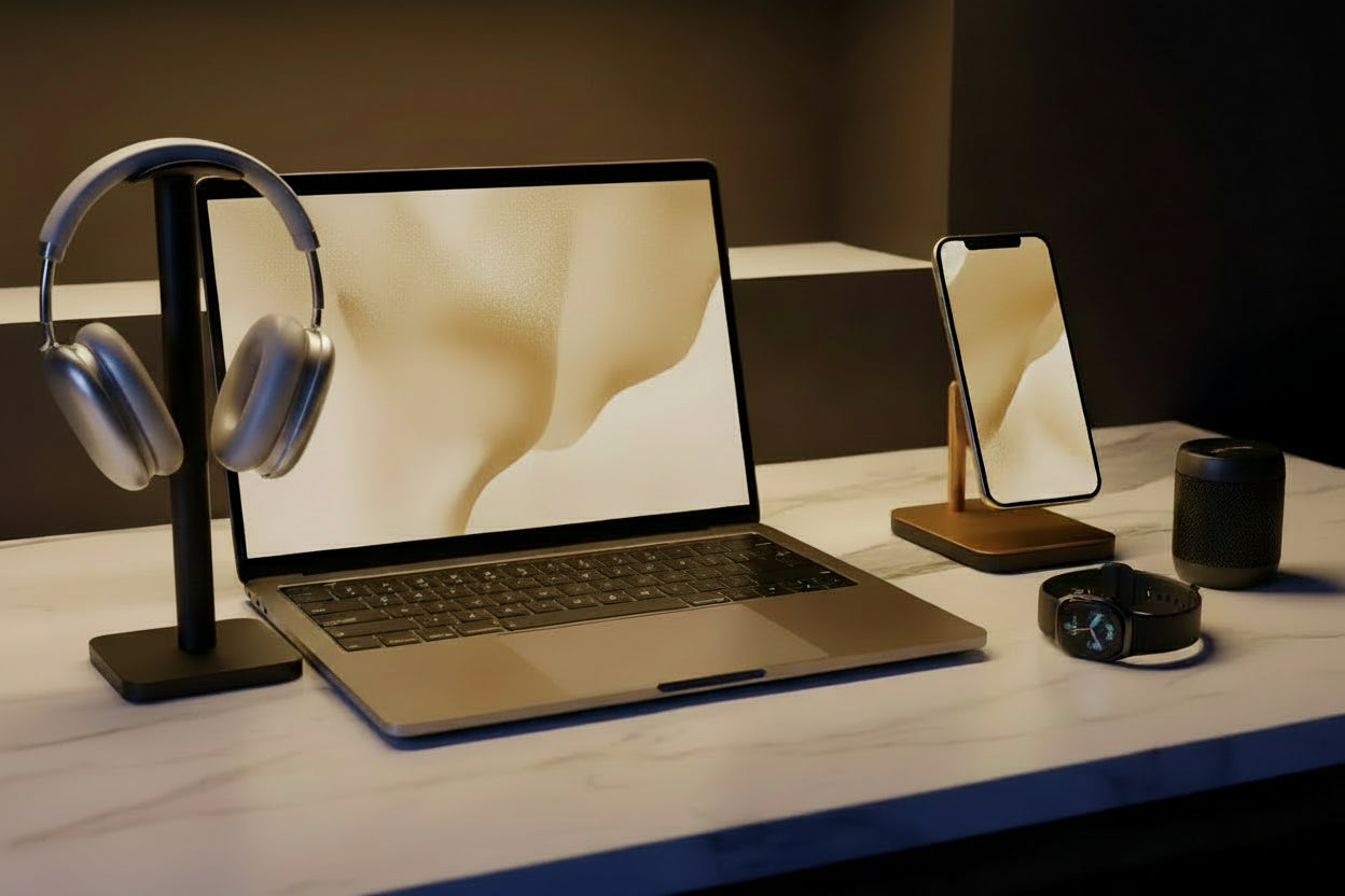 Laptop and smartphone on a desk with a colorful gradient background